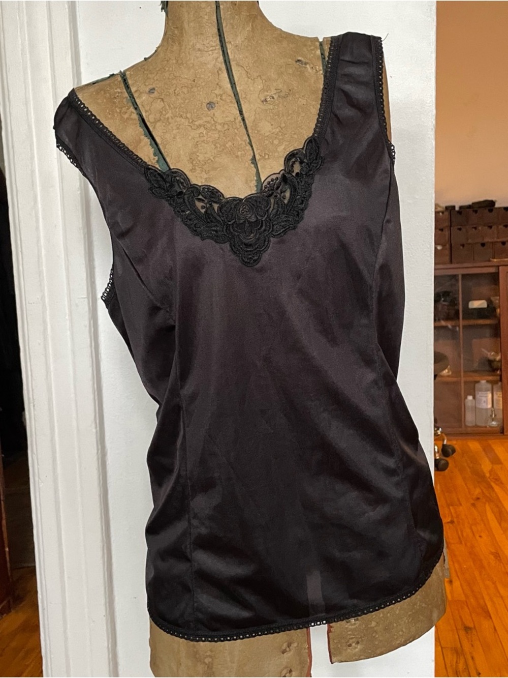 Vintage Patricia Satin Lace-Trim V-Neck Tank